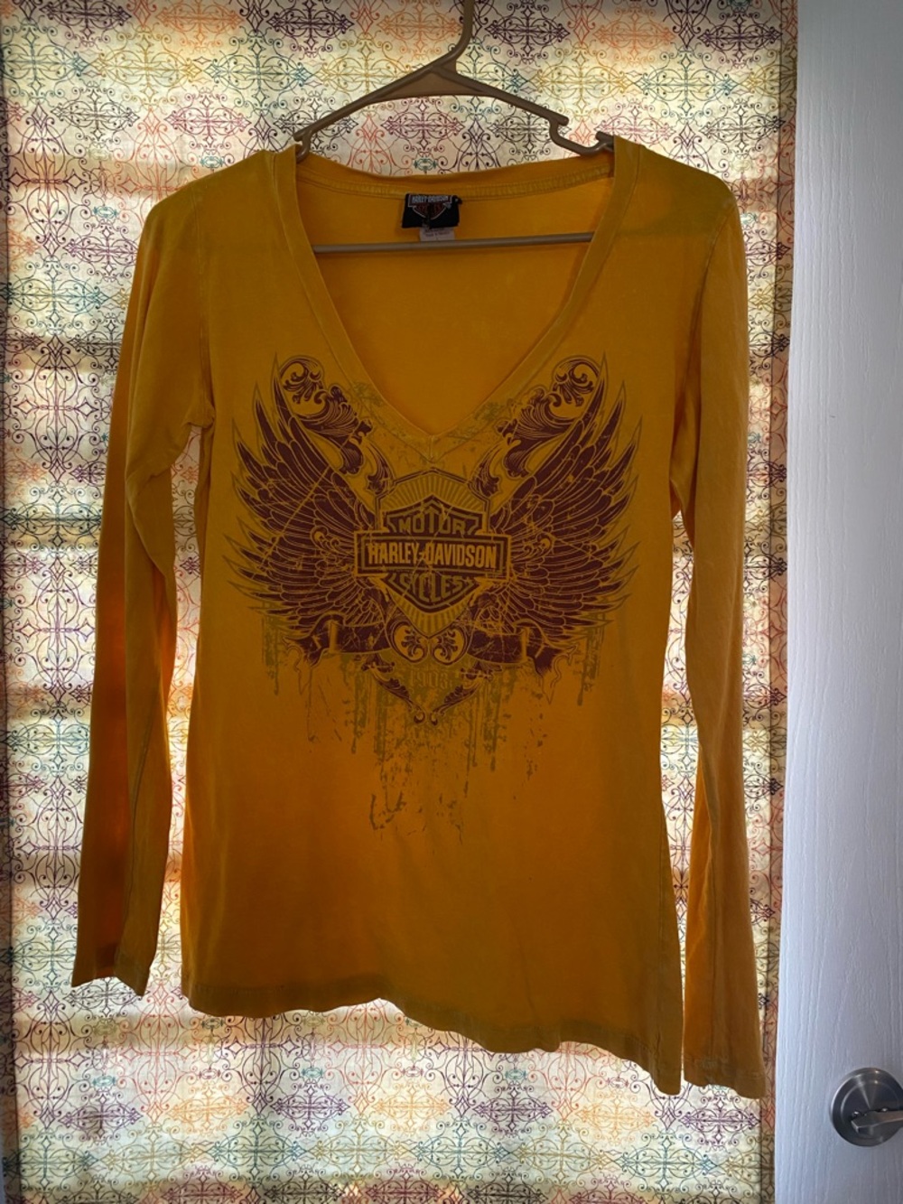 SOLD-Harley-Davidson Women's Long-Sleeve V-Neck Tee in Mustard